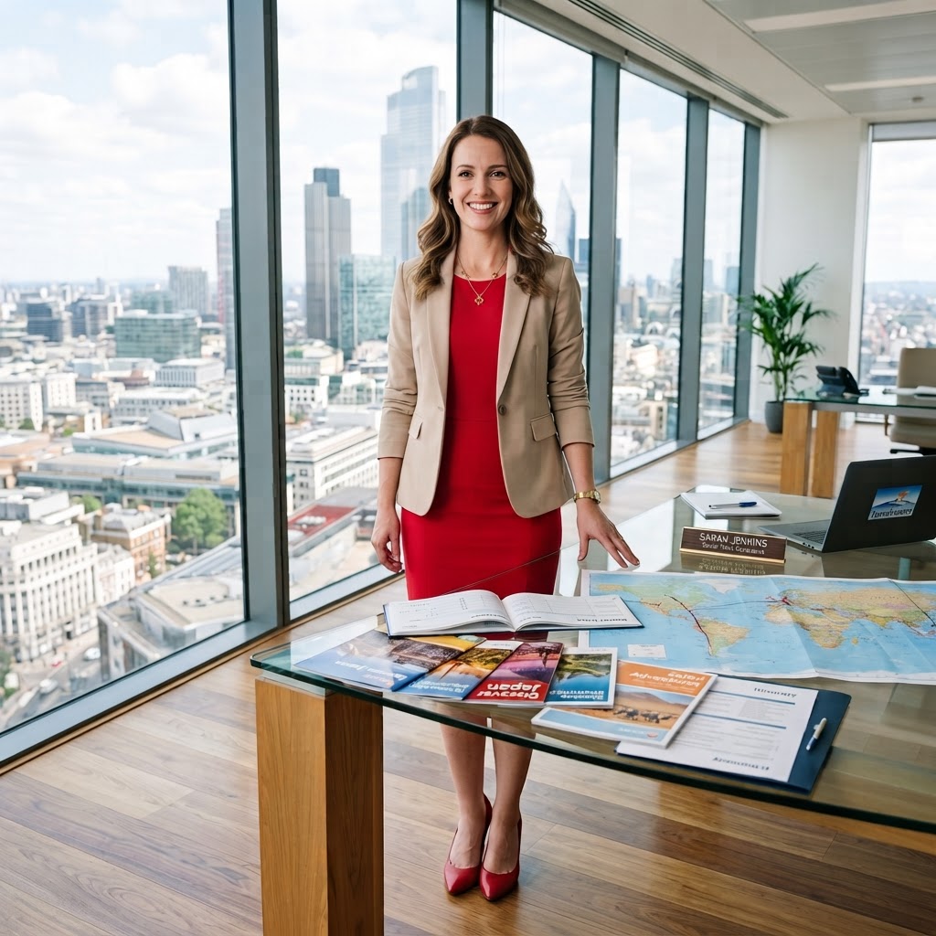 Travel advisor standing behind a desk with travel materials